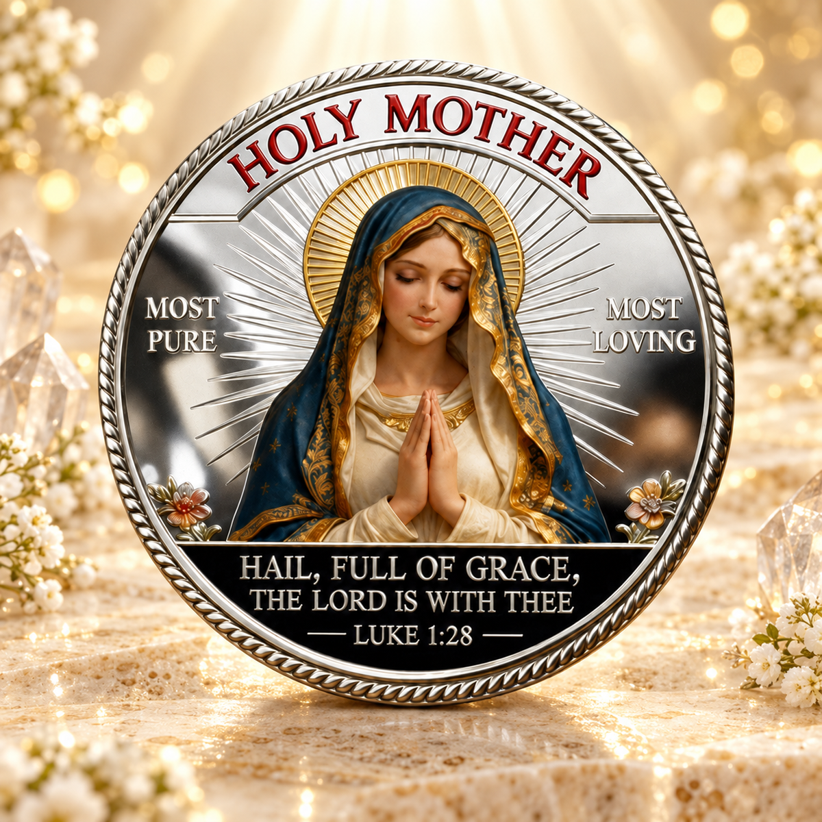 MOEDA NOSSA SENHORA MÃE DA GRAÇA – SOB SUA PROTEÇÃO - LUCAS 1:28, DUPLA FACE — cenário dourado AURA555