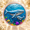 MOEDA BALEIA AZUL COM FILHOTE — cenário dourado AURA555