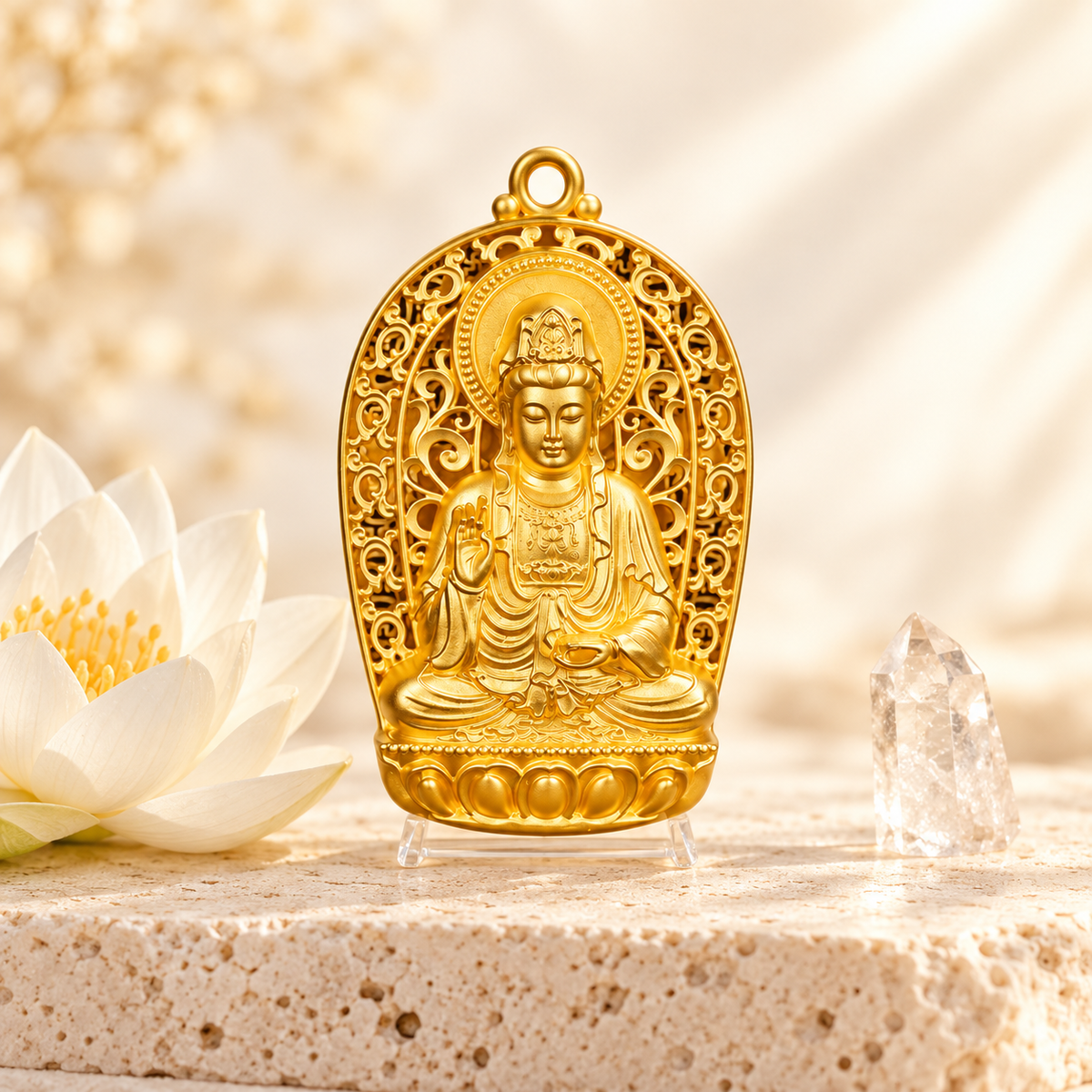 Pingente Guanyin dourado em composição com lótus e cristal Aura555