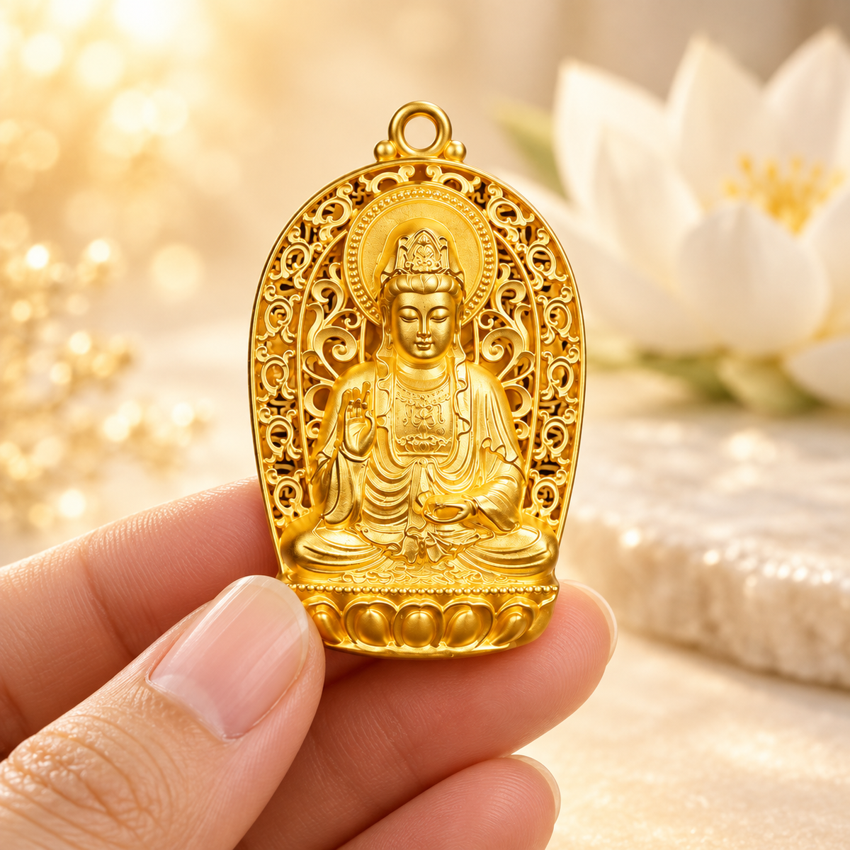 Pingente Guanyin dourado segurado por uma mão para demonstrar escala