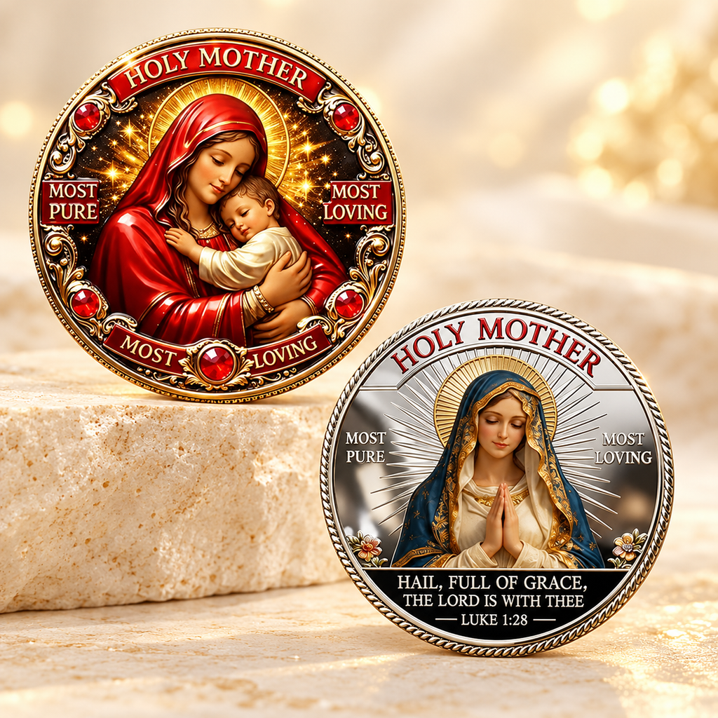 Moedas comemorativas da Santa Mãe em fundo marfim Aura555