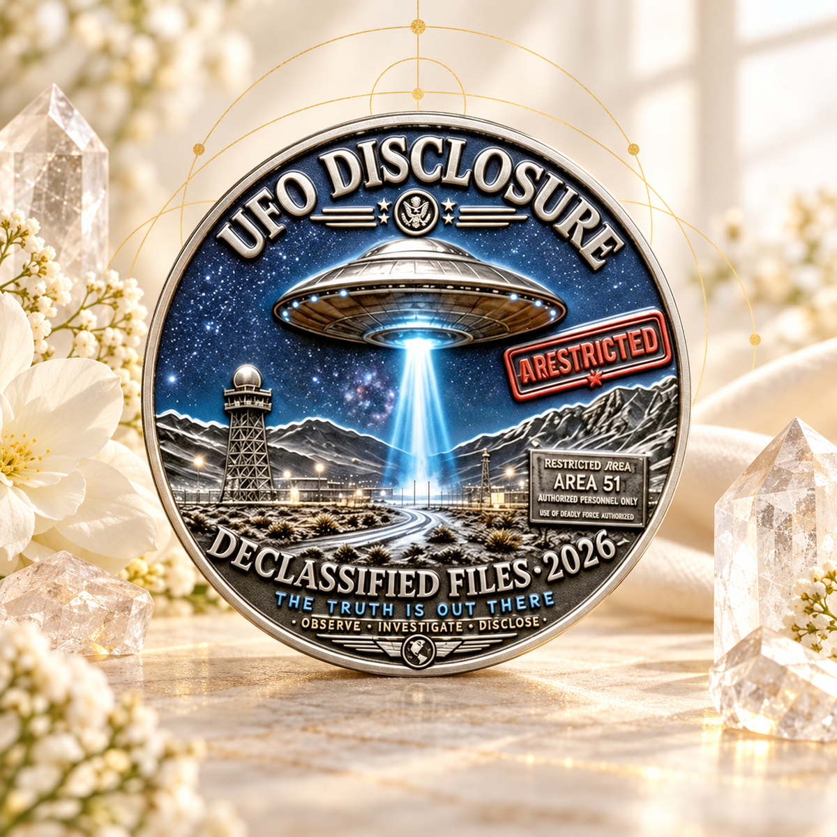 Moeda consciência cósmica UFO 2026 em composição Aura555
