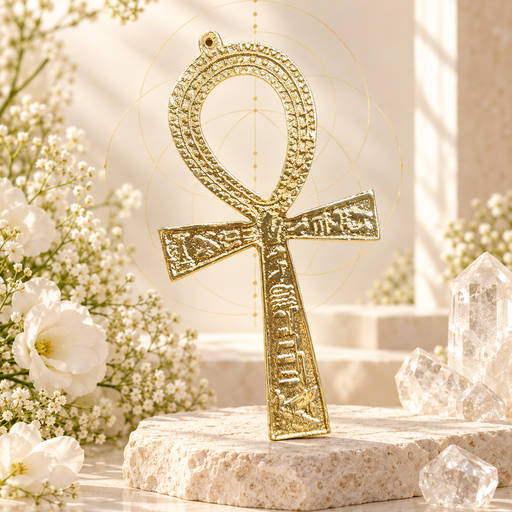 Objeto decorativo Ankh egípcio dourado em composição Aura555
