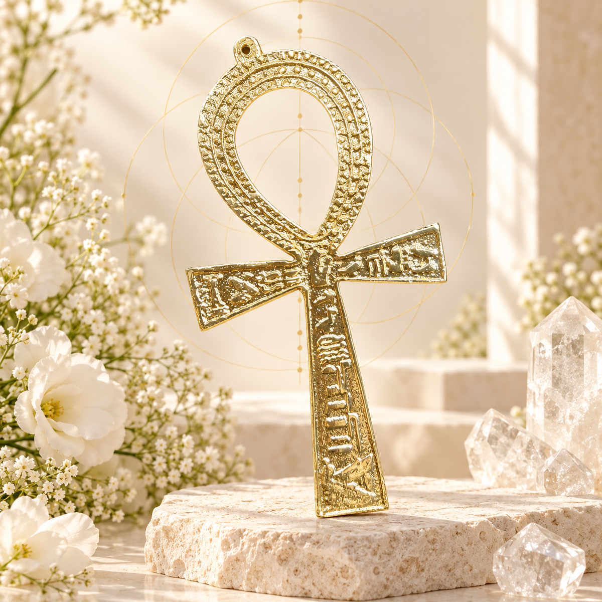 Objeto decorativo Ankh egípcio dourado em composição Aura555