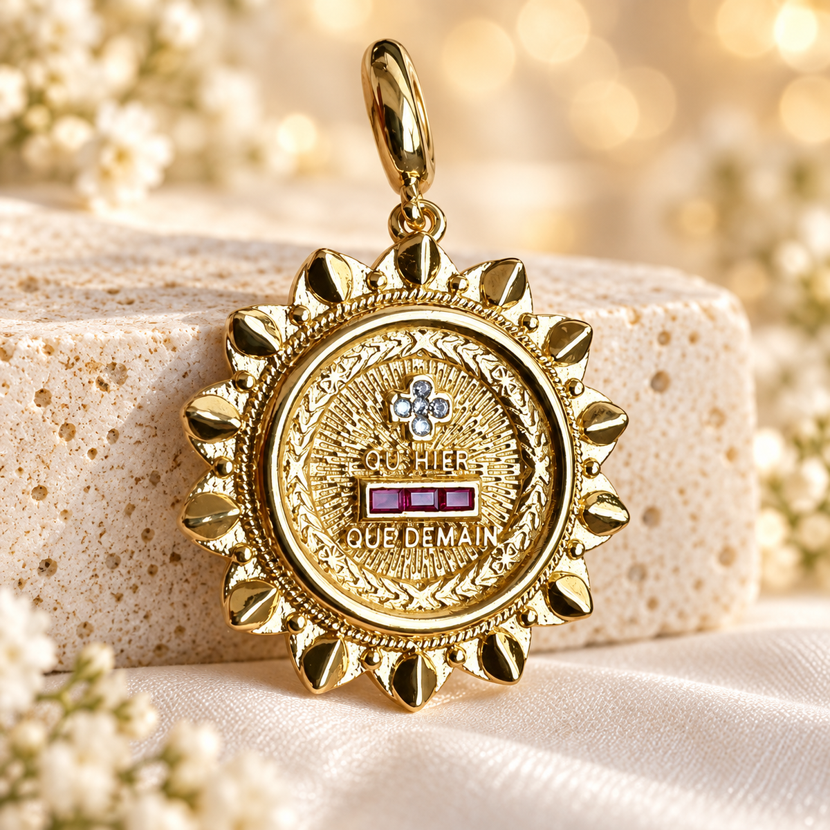 Pingente avulso Amor em Francês, modelo Sol de 27 x 41 mm, banhado a ouro, em cenário claro AURA555.