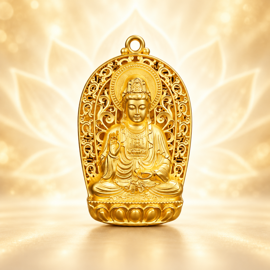 Pingente Guanyin dourado sobre fundo luminoso Aura555