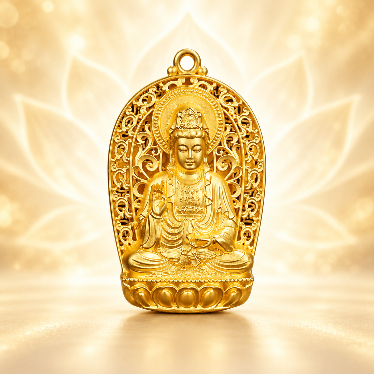 Pingente Guanyin dourado sobre fundo luminoso Aura555
