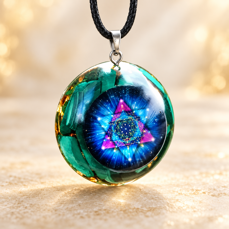 Pingente de orgonite com Sri Yantra em fundo marfim Aura555