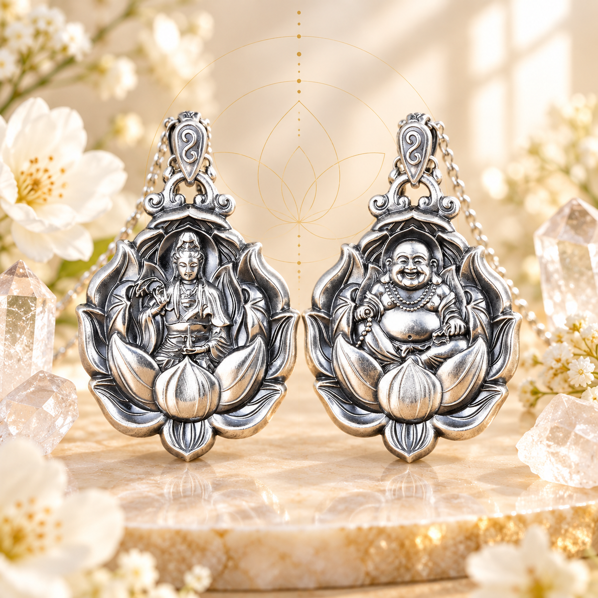 Pingentes Guanyin e Buda Sorridente em cobre prateado em composição Aura555