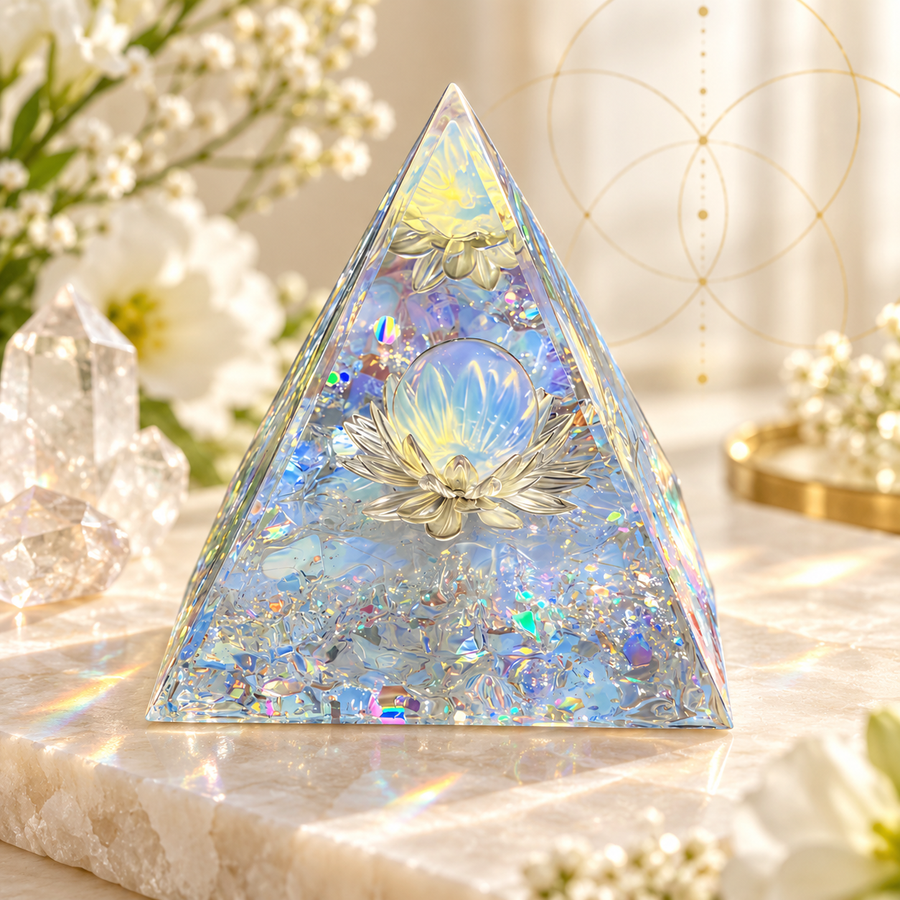 Pirâmide opalescente com flor de lótus em composição Aura555