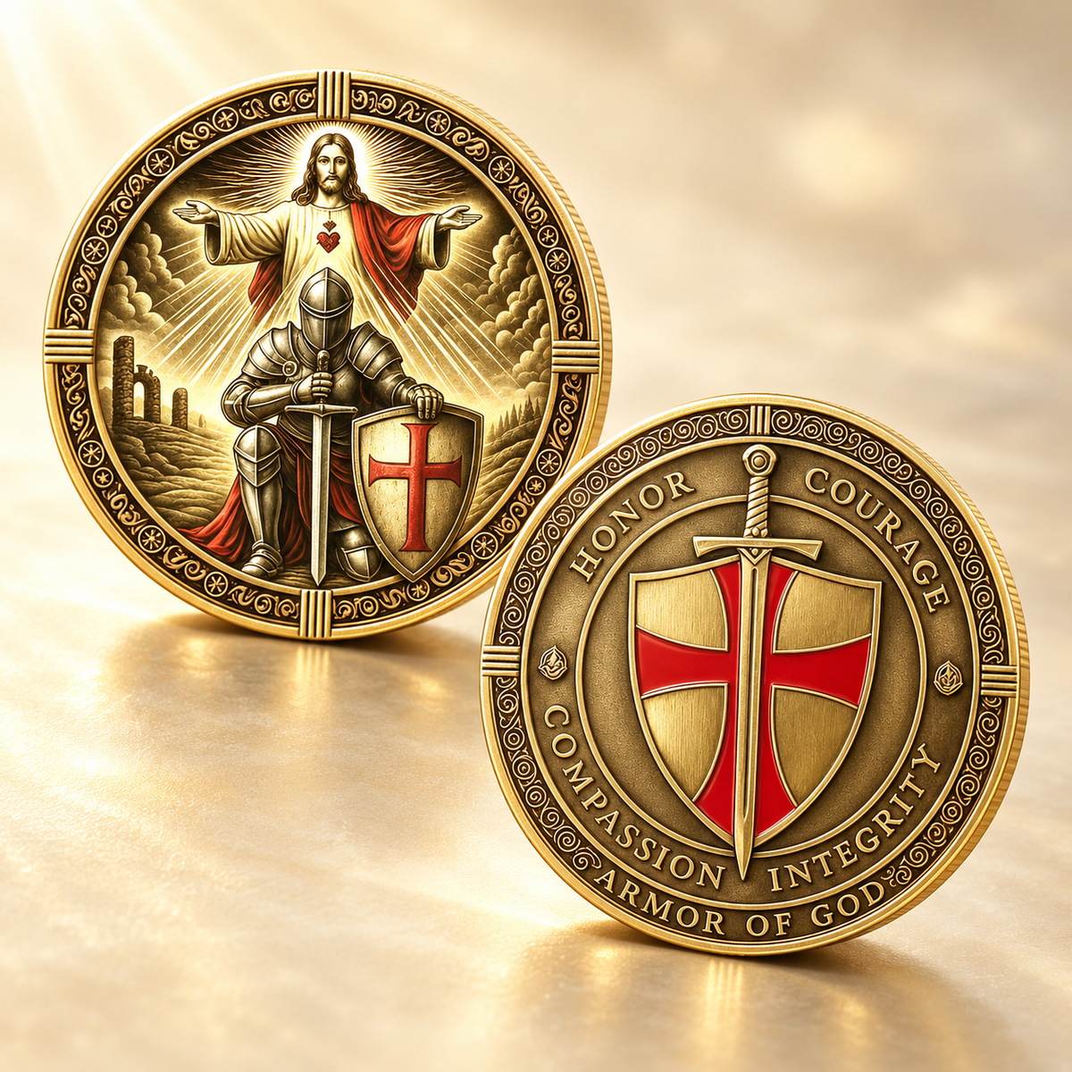 Moeda Armadura de Deus, frente e verso, composição Aura555