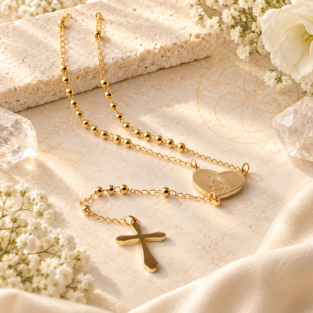 Rosário dourado com medalha de Maria e cruz – Aura555