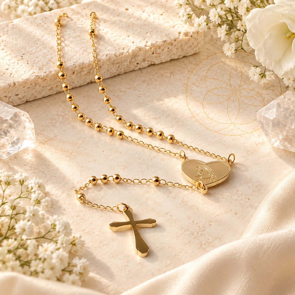 Rosário dourado com medalha de Maria e cruz – Aura555