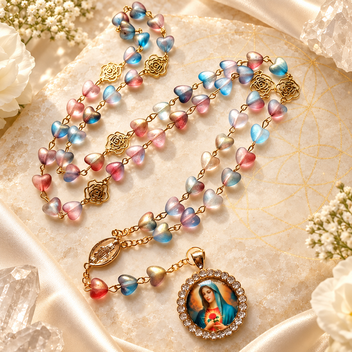 Rosário de Nossa Senhora com contas multicoloridas em composição Aura555