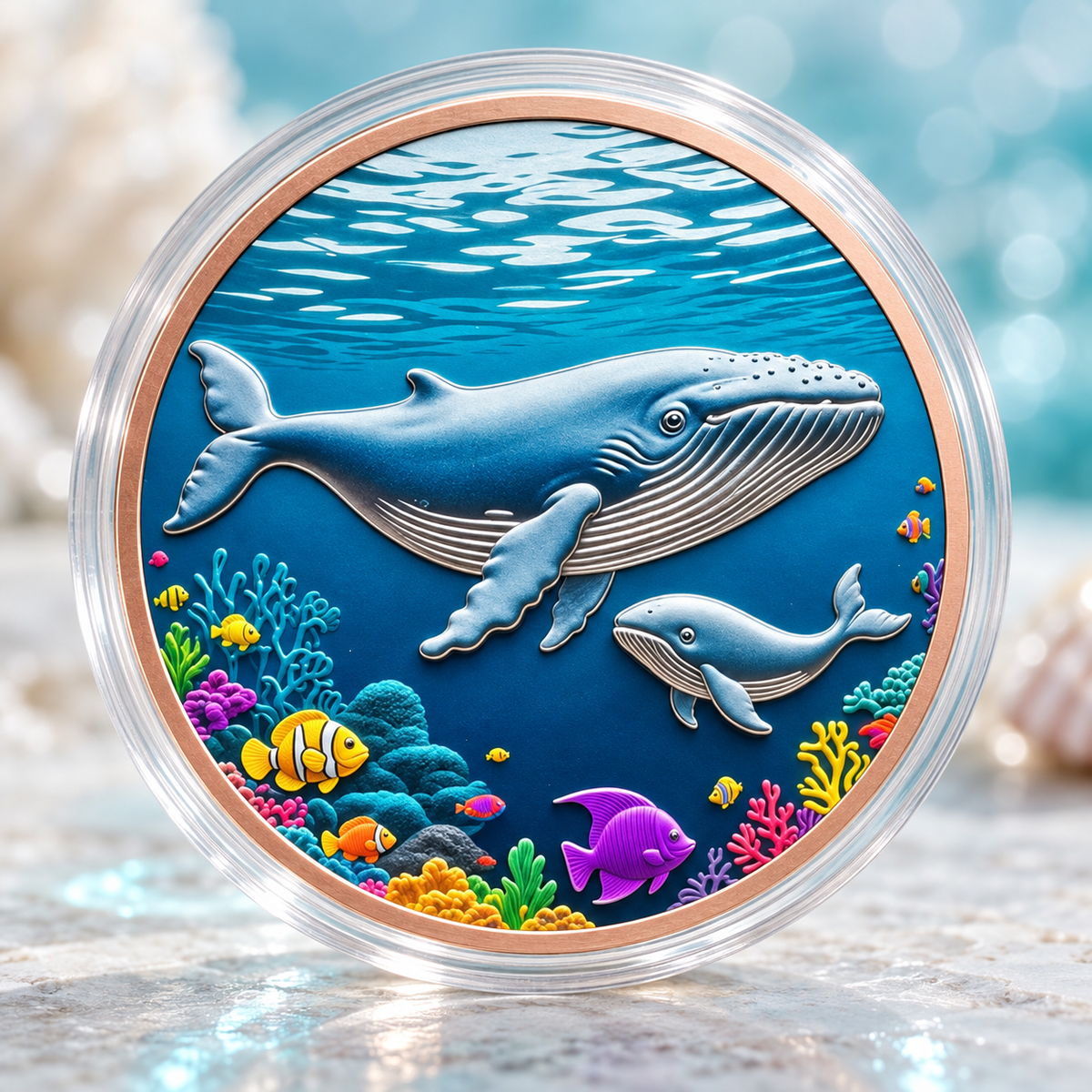 MOEDA BALEIA AZUL COM FILHOTE