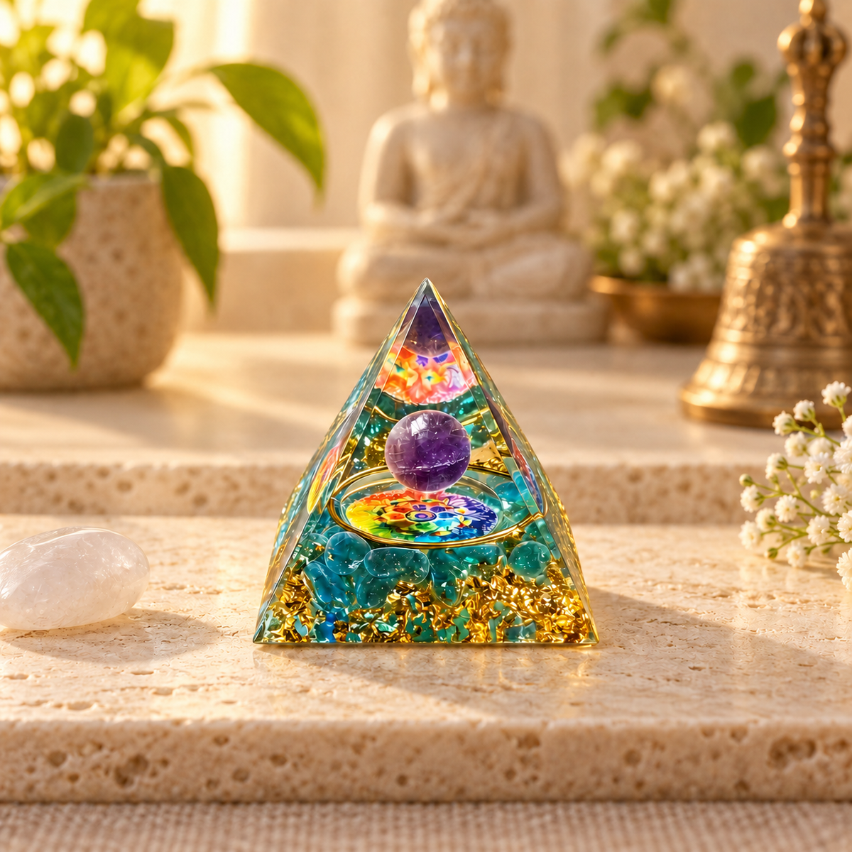 PIRÂMIDE DE ORGONITE COM AMETISTA E 7 CHAKRAS - EQUILÍBRIO, MEDITAÇÃO E HARMONIA