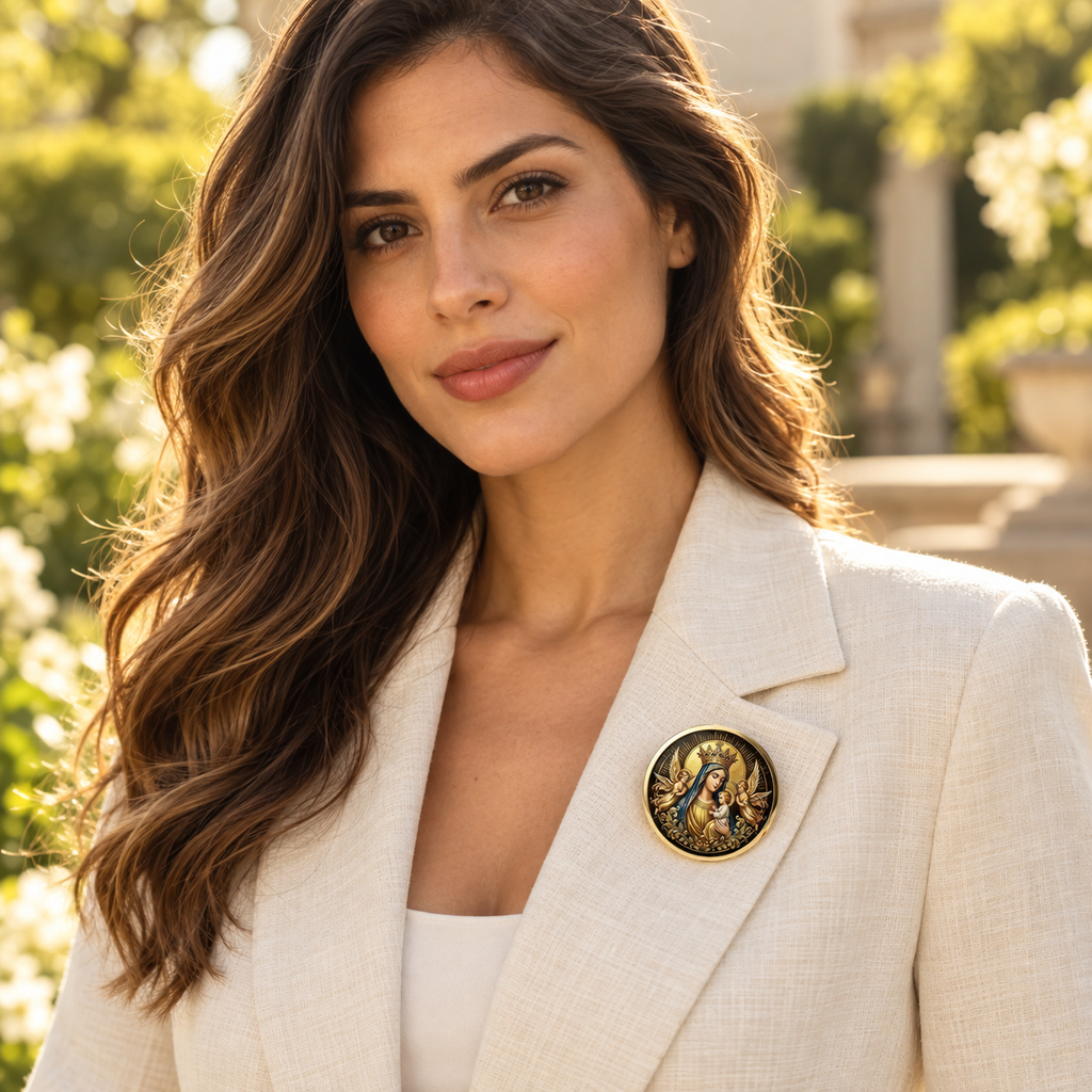 BROCHE VIRGEM MARIA COROADA COM MENINO JESUS
