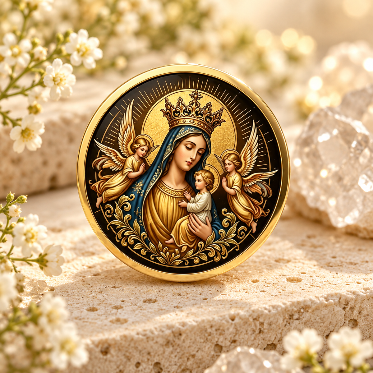 BROCHE VIRGEM MARIA COROADA COM MENINO JESUS