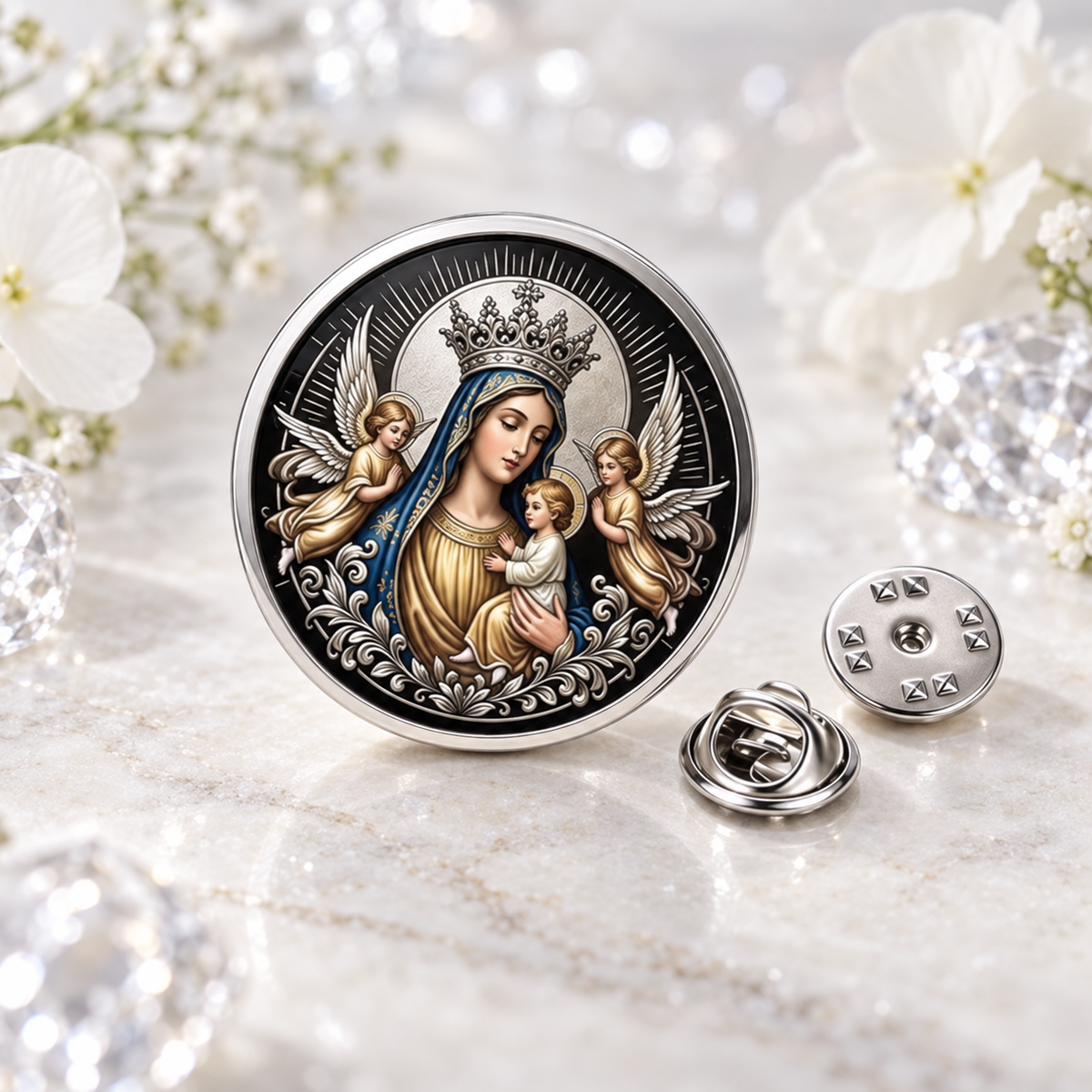 BROCHE VIRGEM MARIA COROADA COM MENINO JESUS