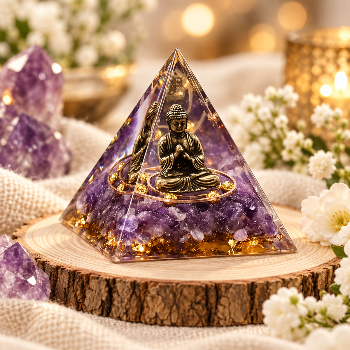PIRÂMIDE DE ORGONITE COM BUDA E CRISTAIS VIOLETAS – MEDITAÇÃO, HARMONIA E DECORAÇÃO