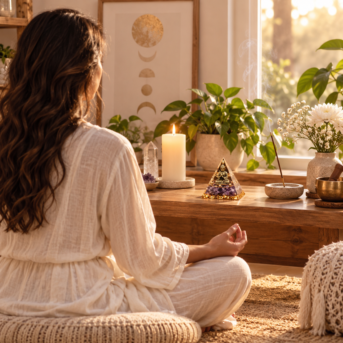 PIRÂMIDE DE ORGONITE COM BUDA E CRISTAIS VIOLETAS – MEDITAÇÃO, HARMONIA E DECORAÇÃO