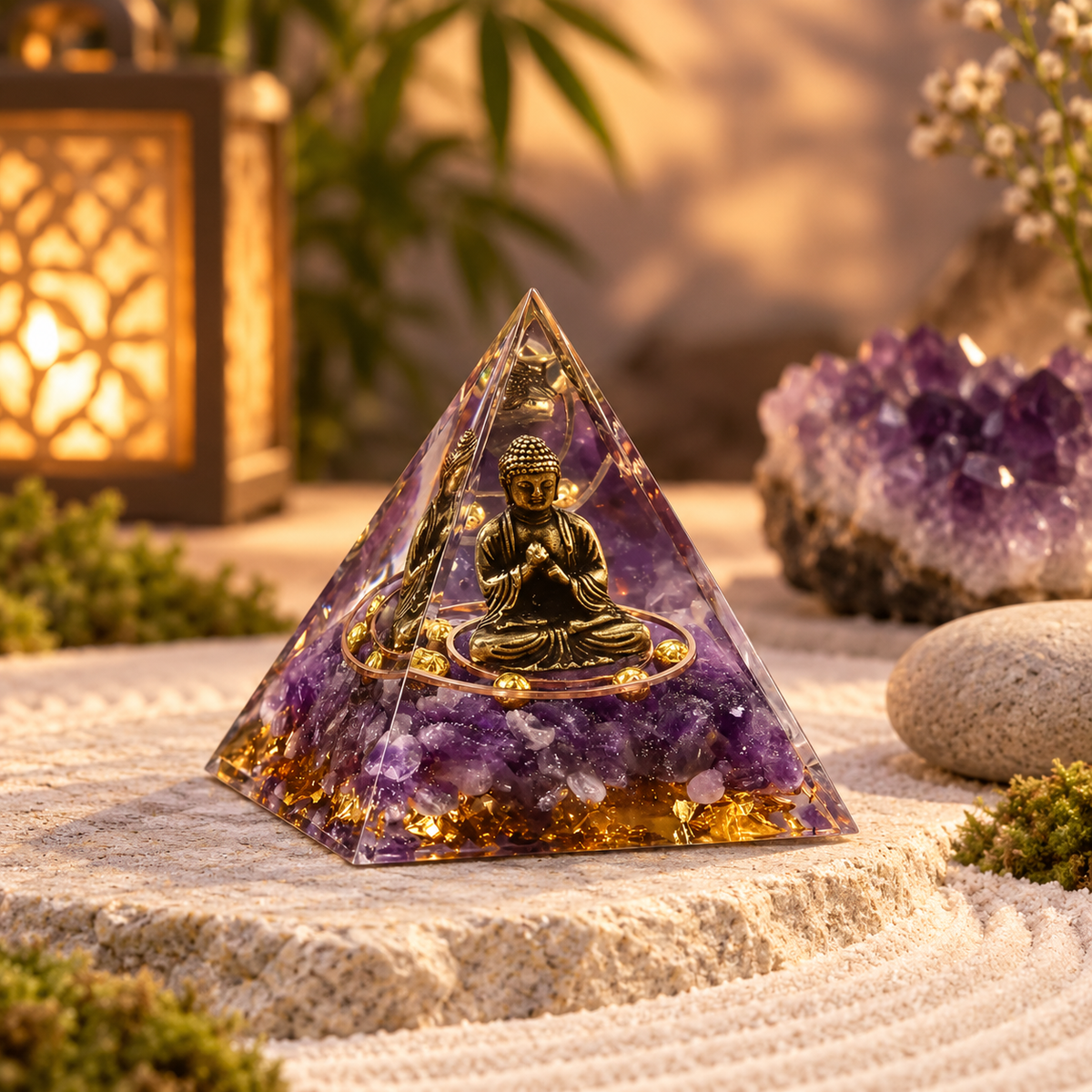 PIRÂMIDE DE ORGONITE COM BUDA E CRISTAIS VIOLETAS – MEDITAÇÃO, HARMONIA E DECORAÇÃO