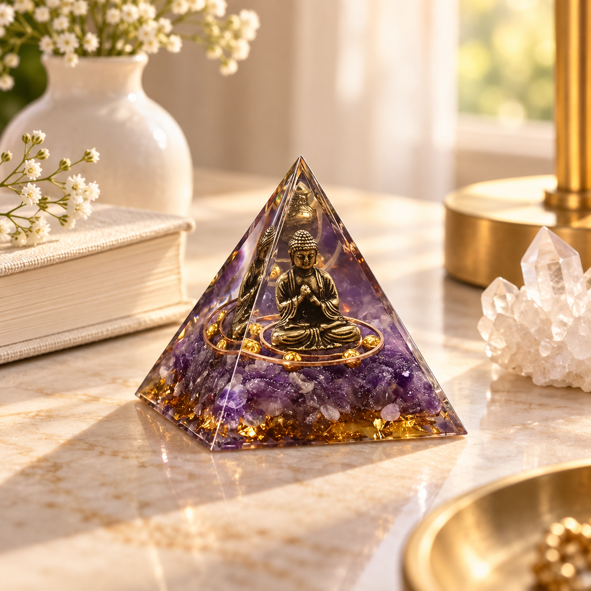 PIRÂMIDE DE ORGONITE COM BUDA E CRISTAIS VIOLETAS – MEDITAÇÃO, HARMONIA E DECORAÇÃO