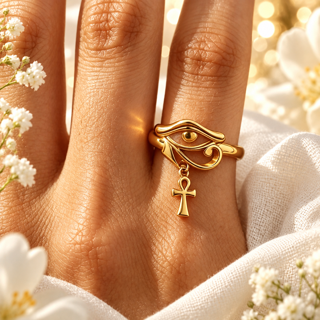 ANEL ANKH E OLHO DE HÓRUS — VIDA E VISÃO — composição com flores brancas e luz dourada. Ambientação não incluída; modelo e quantidade conforme seleção.
