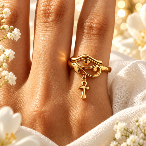 ANEL ANKH E OLHO DE HÓRUS — VIDA E VISÃO — composição com flores brancas e luz dourada. Ambientação não incluída; modelo e quantidade conforme seleção.