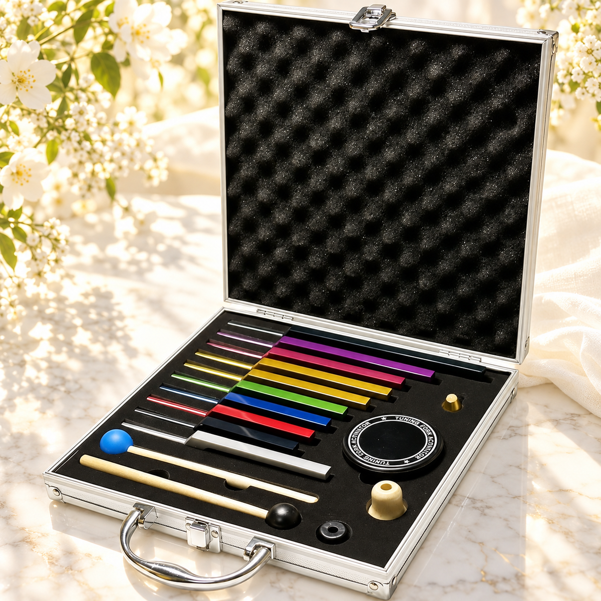 CONJUNTO DE 10 DIAPASÕES SOLFEGGIO — SOM E CONTEMPLAÇÃO — composição com flores brancas e luz dourada. Ambientação não incluída; modelo e quantidade conforme seleção.