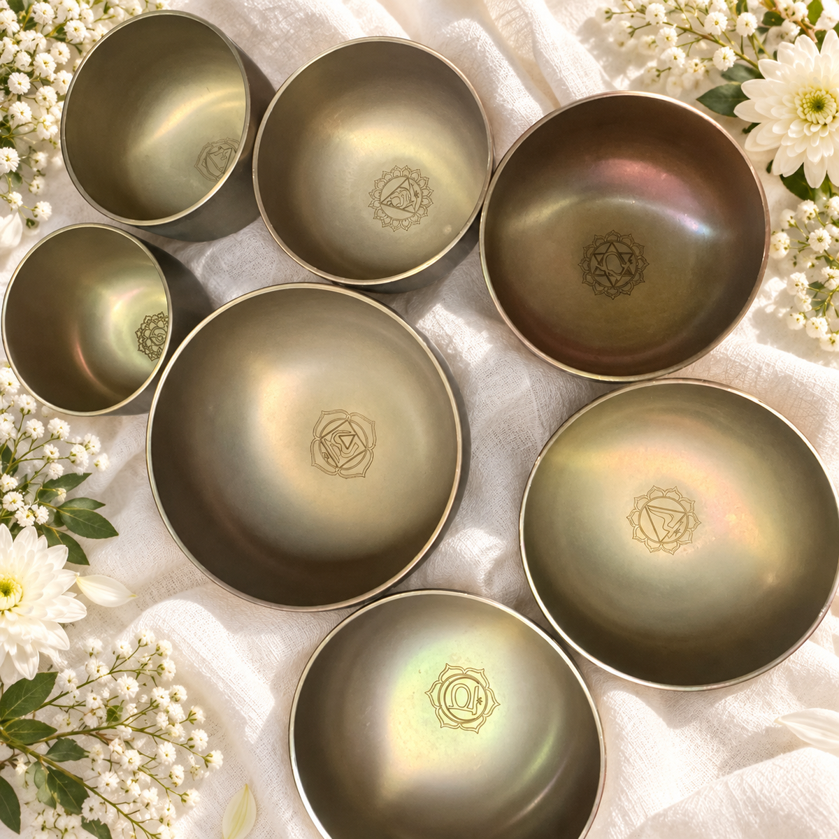 CONJUNTO DE 7 MINI TIGELAS SONORAS — SOM E CONTEMPLAÇÃO — flores brancas e luz dourada. Ambientação não incluída; modelo e quantidade conforme seleção.