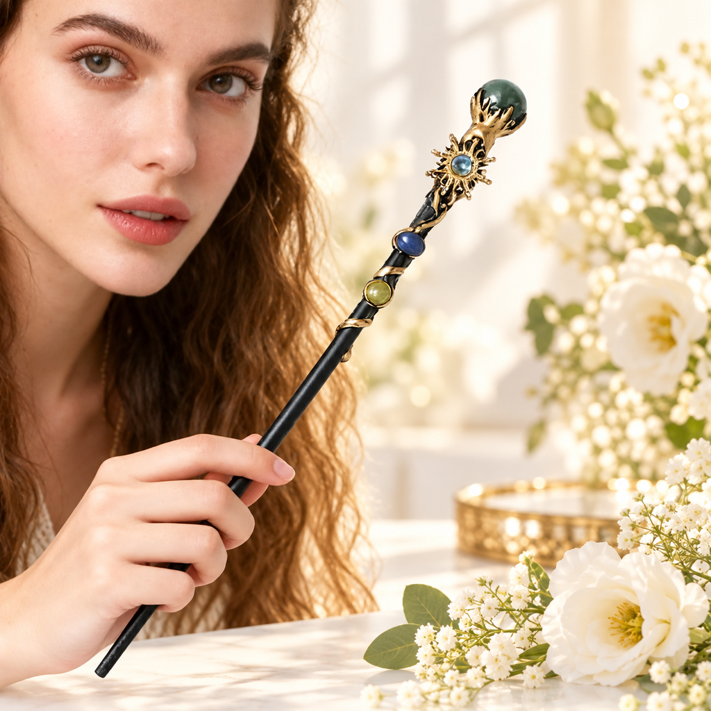 CETROS DECORATIVOS COM CRISTAIS — ENCANTO E IMAGINAÇÃO — flores brancas e luz dourada. Ambientação não incluída; modelo e quantidade conforme seleção.