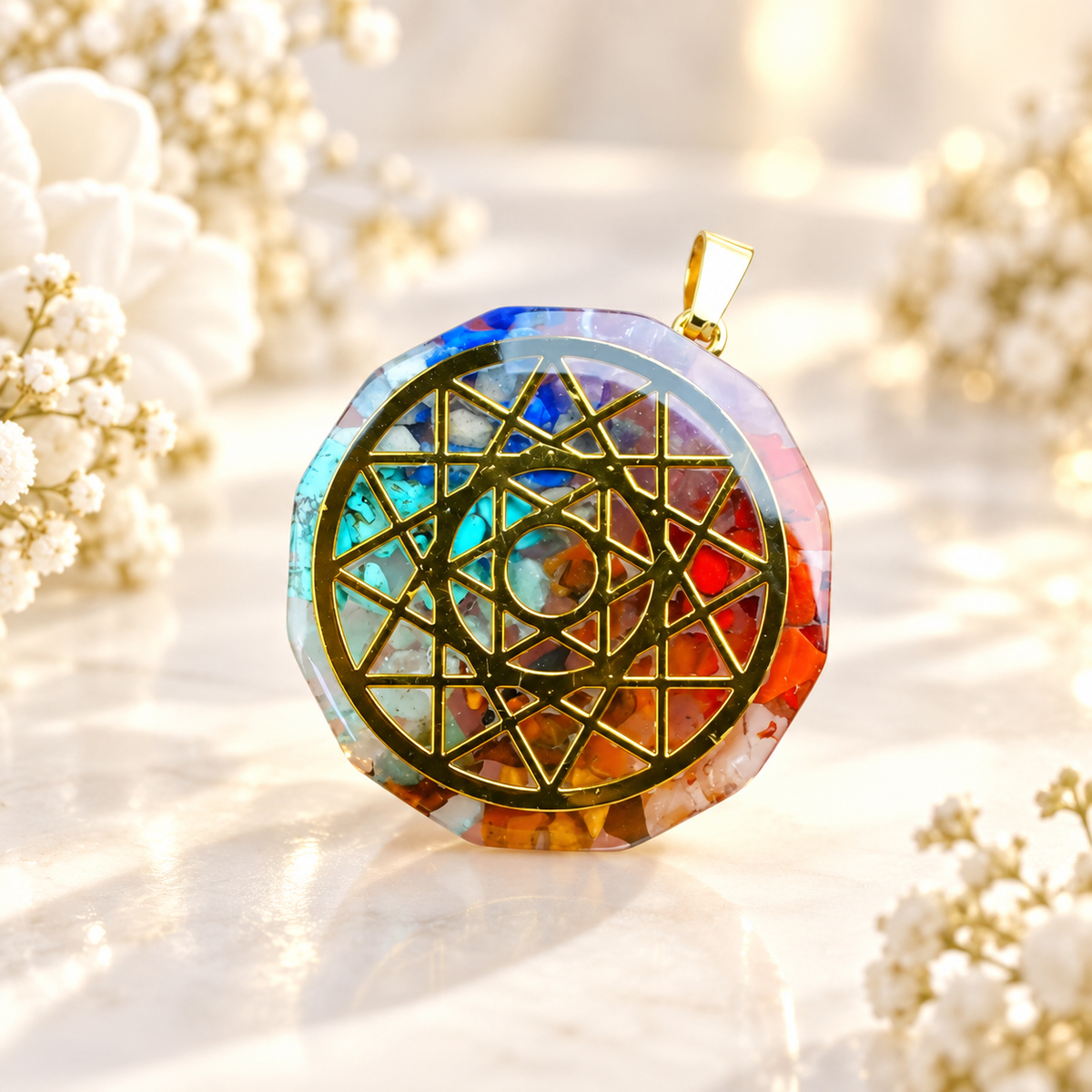 PINGENTES DE ORGONITE — COR E GEOMETRIA — flores brancas e luz dourada. Ambientação não incluída; modelo e quantidade conforme seleção.