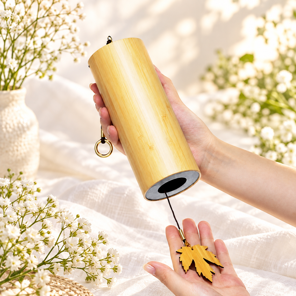 SINO DOS VENTOS EM BAMBU — MELODIA E LEVEZA — flores brancas e luz dourada. Ambientação não incluída; modelo e quantidade conforme seleção.