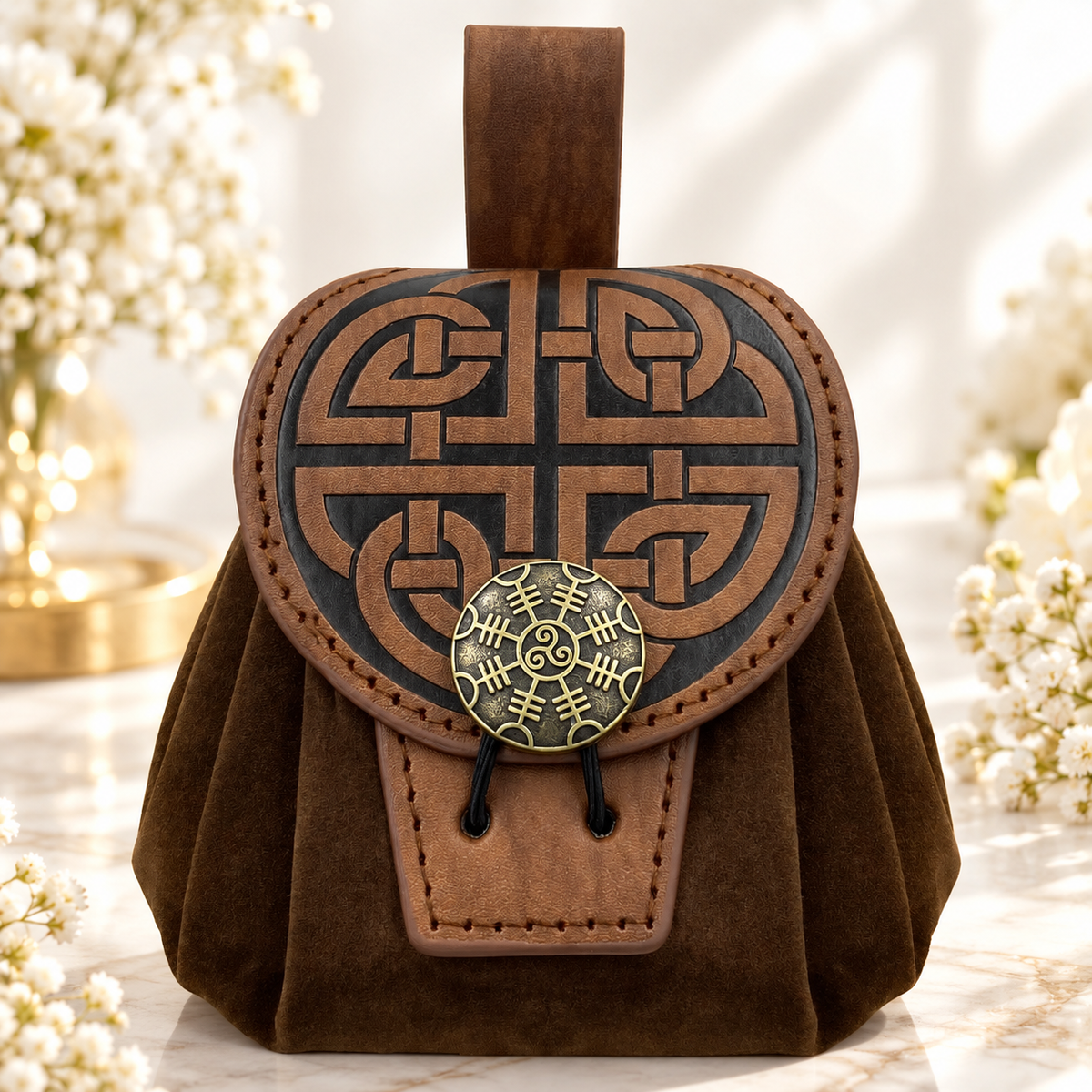 Bolsa de cinto de couro sintético em relevo medieval, bolsa de cintura portátil retrô renascentista, bolsa de moedas, bolsa de dados para larp ren fare — flores brancas e luz dourada. Ambientação não incluída; modelo e quantidade conforme seleção.