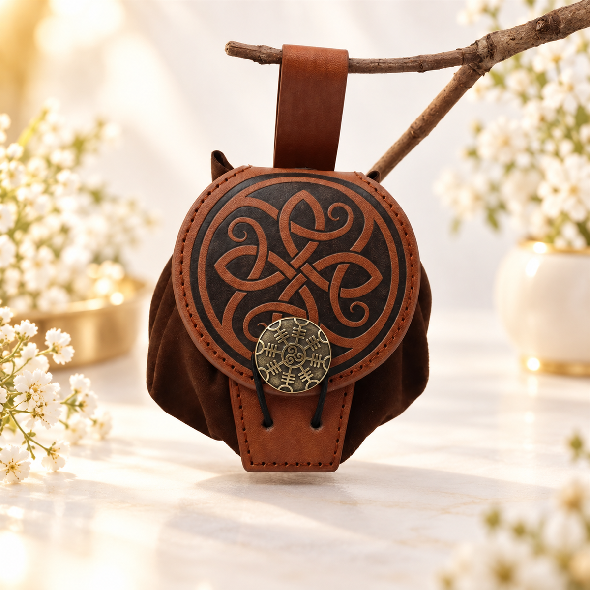 Bolsa de cinto estilo viking medieval para moedas, pode conter um telefone, bolsa de cintura vintage para acessórios de cosplay, bolsa casual de tecido em relevo — flores brancas e luz dourada. Ambientação não incluída; modelo e quantidade conforme seleção.