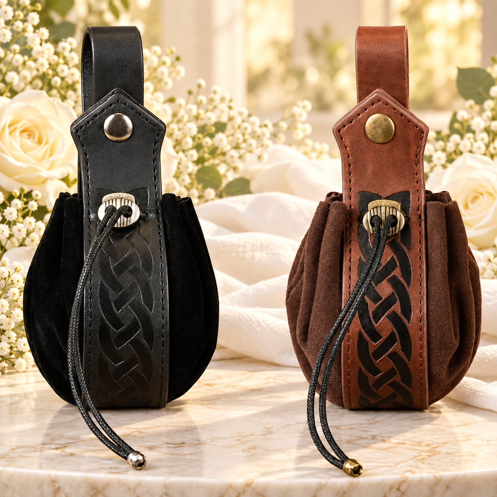 BOLSA DE CINTURA MEDIEVAL COM CORDÃO — ENCANTO E ESTILO — flores brancas e luz dourada. Ambientação não incluída; modelo e quantidade conforme seleção.