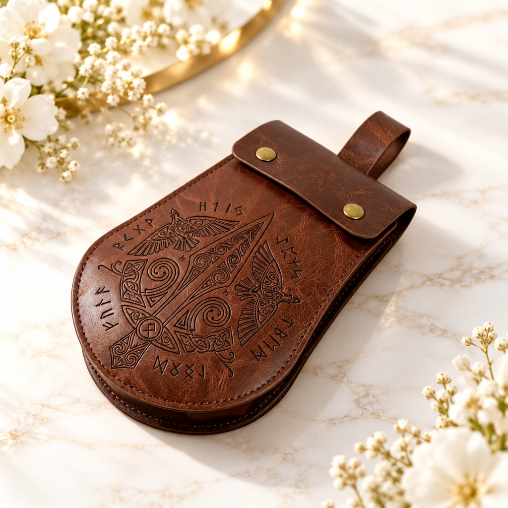 Bolsa de Cintura Medieval de Couro, Bolsa de Cinto Vintage Artesanal, Bolsa de Cintura de Couro, Bolsa Medieval, Bolsa Nórdica com Relevo — flores brancas e luz dourada. Ambientação não incluída; modelo e quantidade conforme seleção.