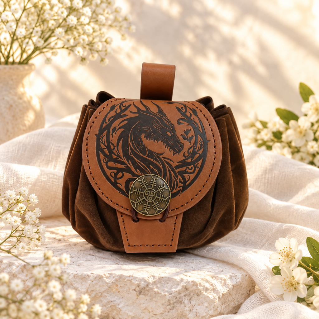 BOLSA DE CINTURA COM CORDÃO — INSPIRAÇÃO MEDIEVAL — flores brancas e luz dourada. Ambientação não incluída; modelo e quantidade conforme seleção.