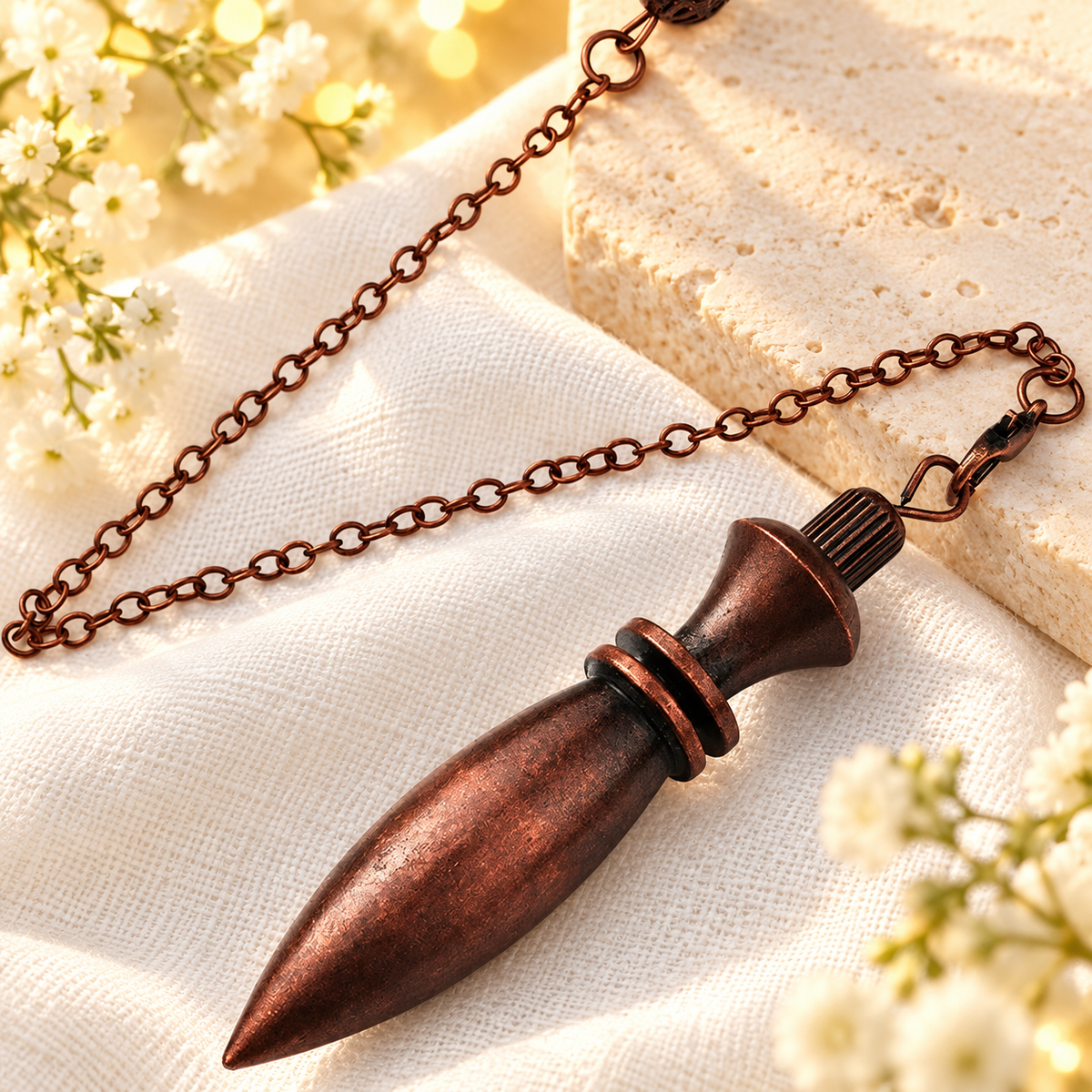 PÊNDULO EGÍPCIO DE METAL — INTUIÇÃO E CONTEMPLAÇÃO — flores brancas e luz dourada. Ambientação não incluída; modelo e quantidade conforme seleção.