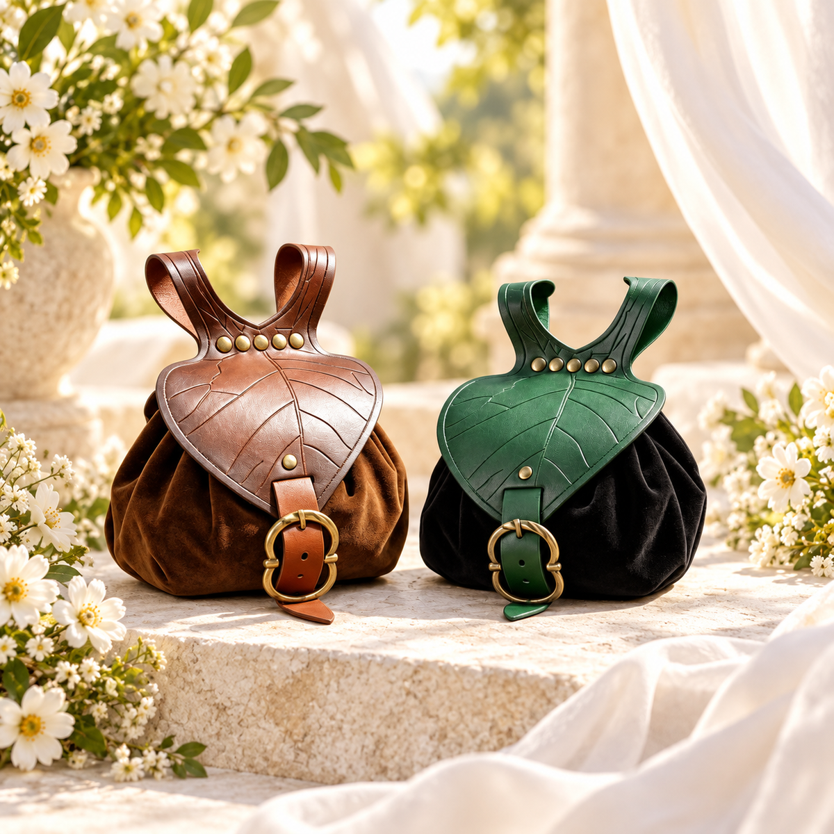 BOLSA FOLHA DE ELFO — UM DETALHE DE ENCANTO — flores brancas e luz dourada. Ambientação não incluída; modelo e quantidade conforme seleção.