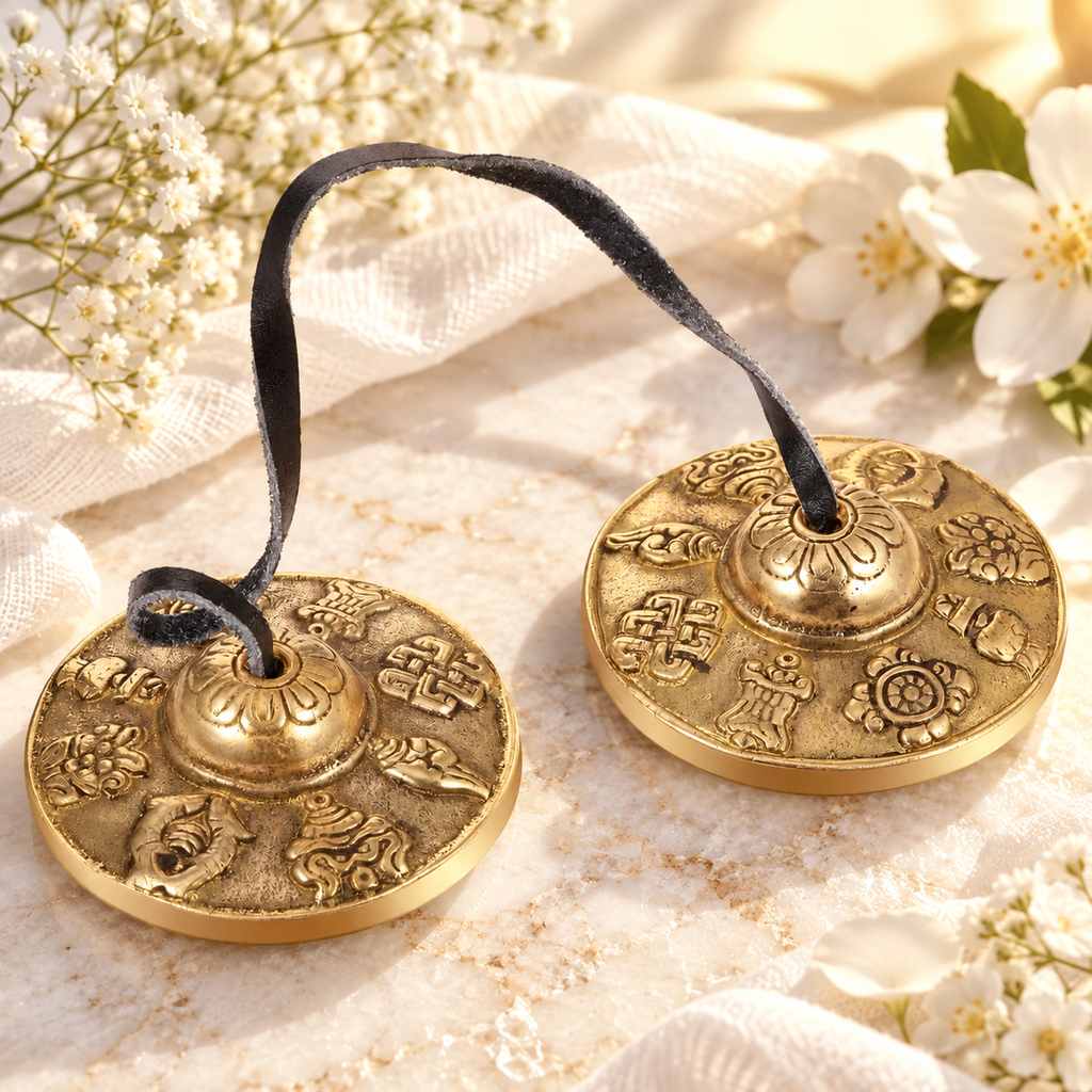 CÍMBALOS TIBETANOS TINGSHA — SOM E PRESENÇA — flores brancas e luz dourada. Ambientação não incluída; modelo e quantidade conforme seleção.