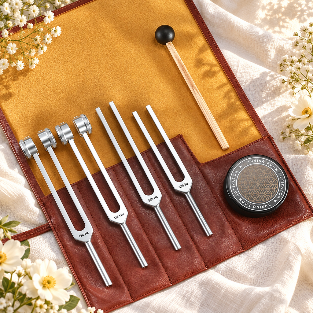 CONJUNTO DE 4 DIAPASÕES — SOM E PRESENÇA — flores brancas e luz dourada. Ambientação não incluída; modelo e quantidade conforme seleção.