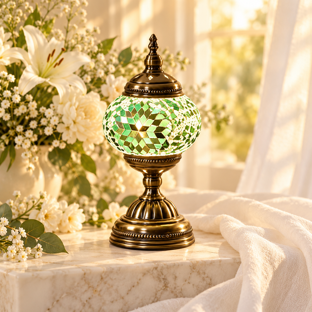 LUMINÁRIA DE MESA COM VIDRO COLORIDO — LUZ E ACOLHIMENTO — composição com flores brancas e luz dourada. Ambientação não incluída; modelo e quantidade conforme seleção.