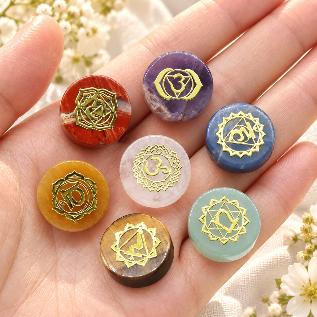 PEDRAS PARA COMPOSIÇÕES DOS 7 CHAKRAS — COR E INTENÇÃO — flores brancas e luz dourada. Ambientação não incluída; modelo e quantidade conforme seleção.