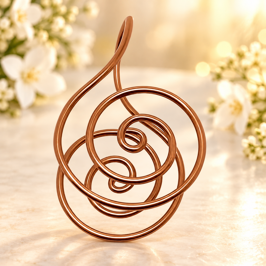 Espiral de cobre para a mão — opção Palm Ring, em ambientação clara com flores decorativas não incluídas