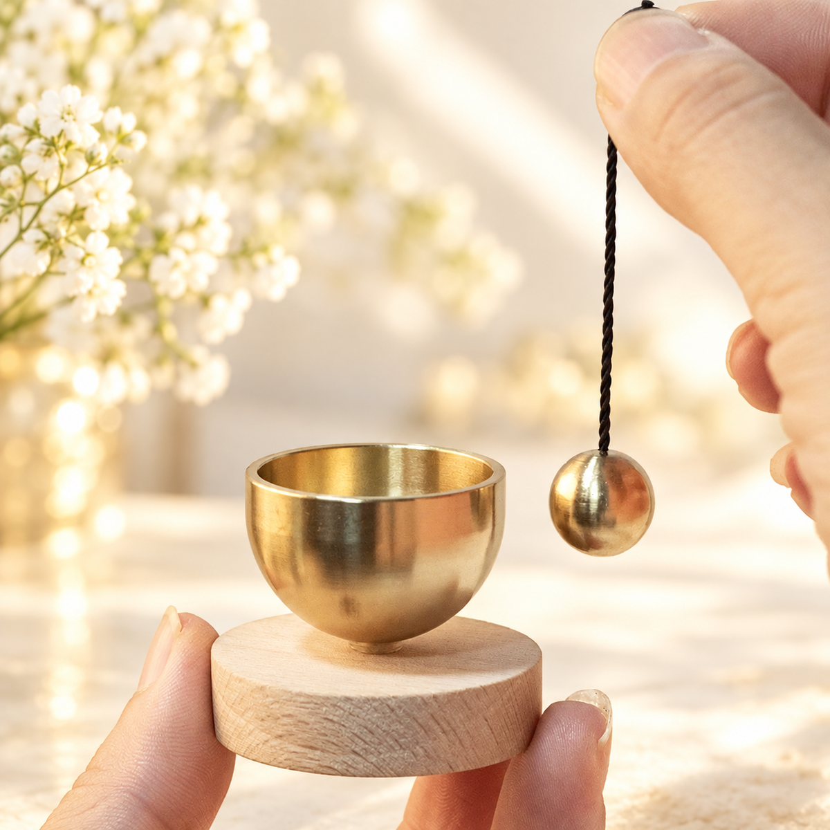 Conjunto sonoro em latão e madeira — tigela em miniatura com esfera suspensa; flores da ambientação não incluídas