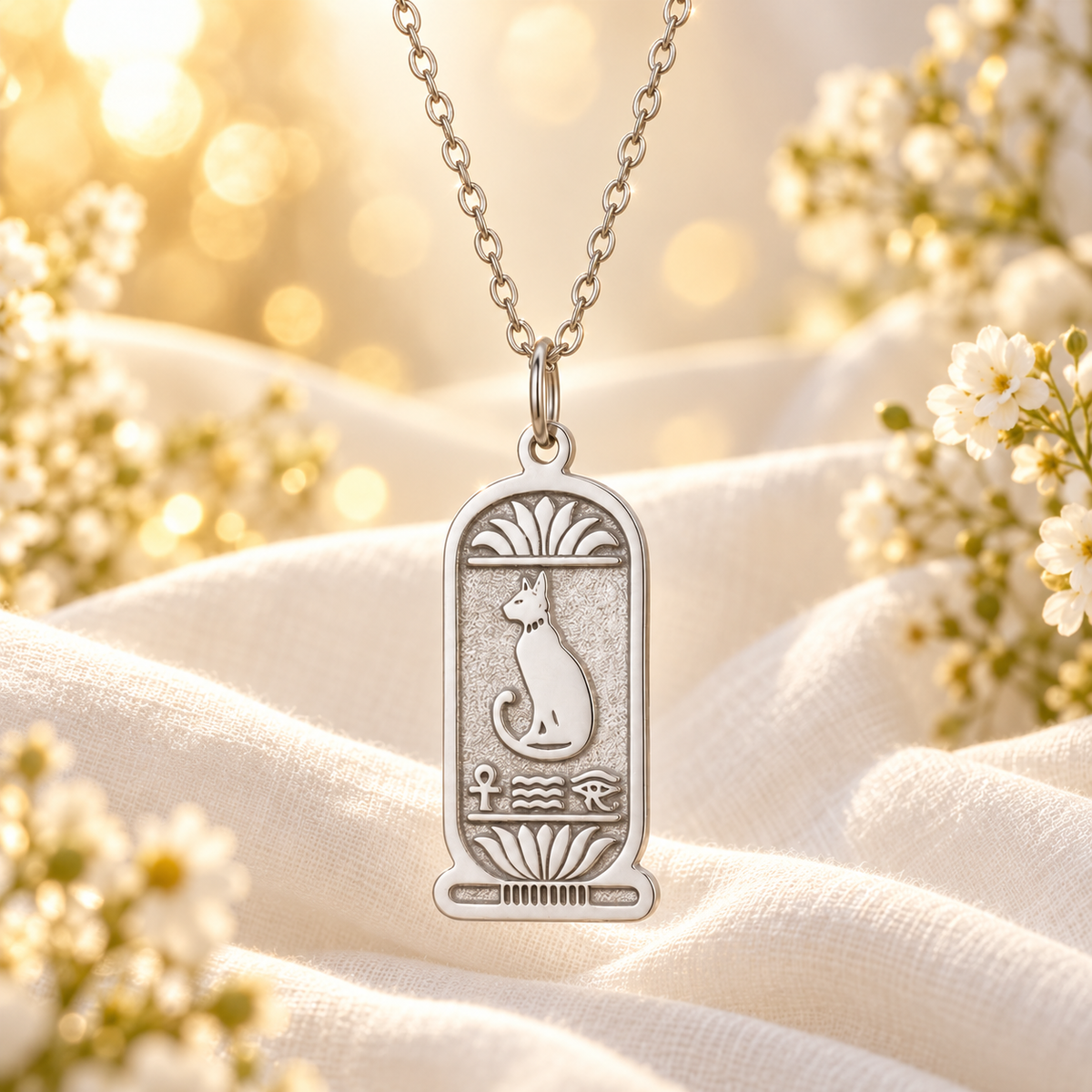 colar bastet prateado em composição Casa Aura555 com flores brancas e luz dourada. Objetos de ambientação não incluídos.