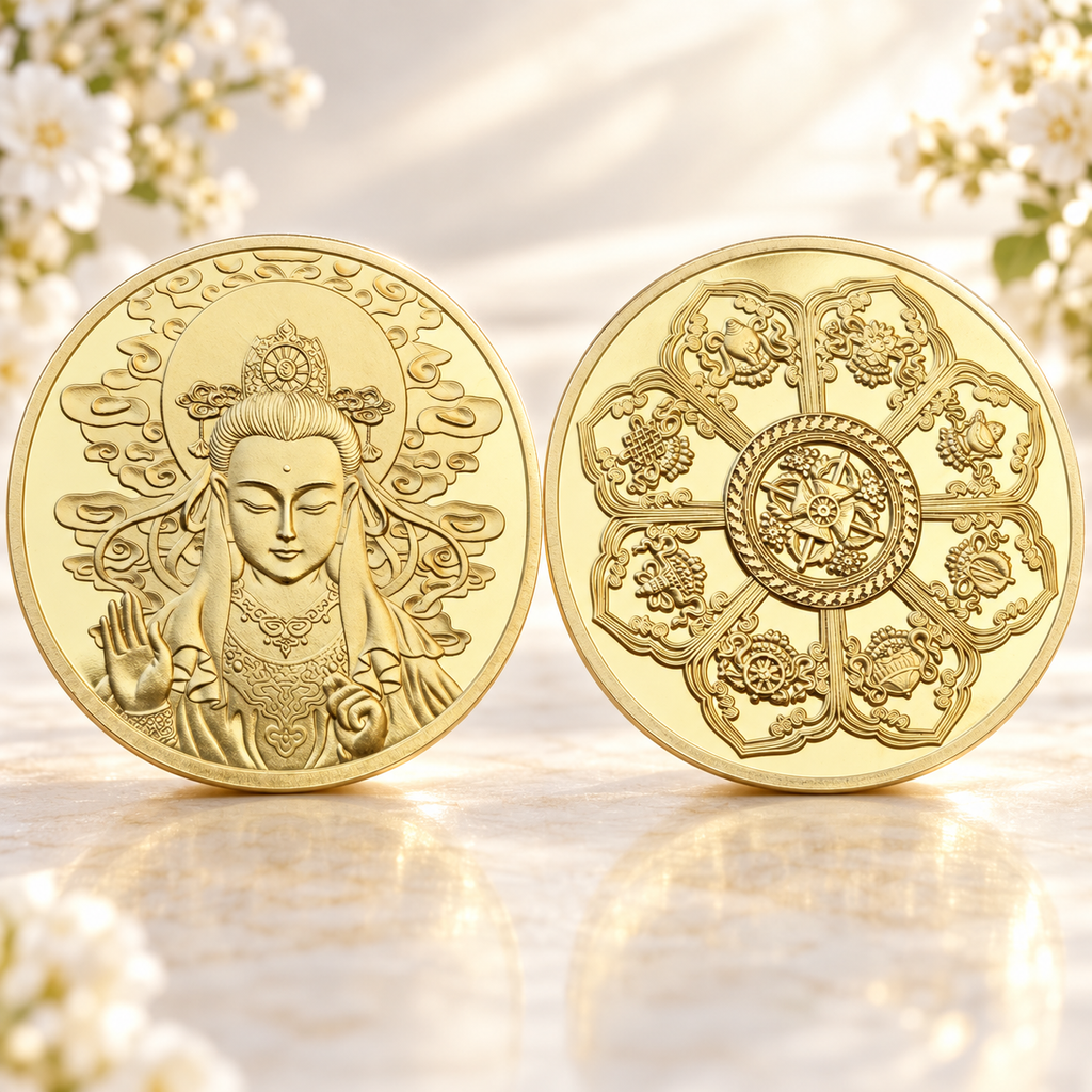 Frente e verso da mesma moeda de Guanyin; cenário decorativo não incluído.