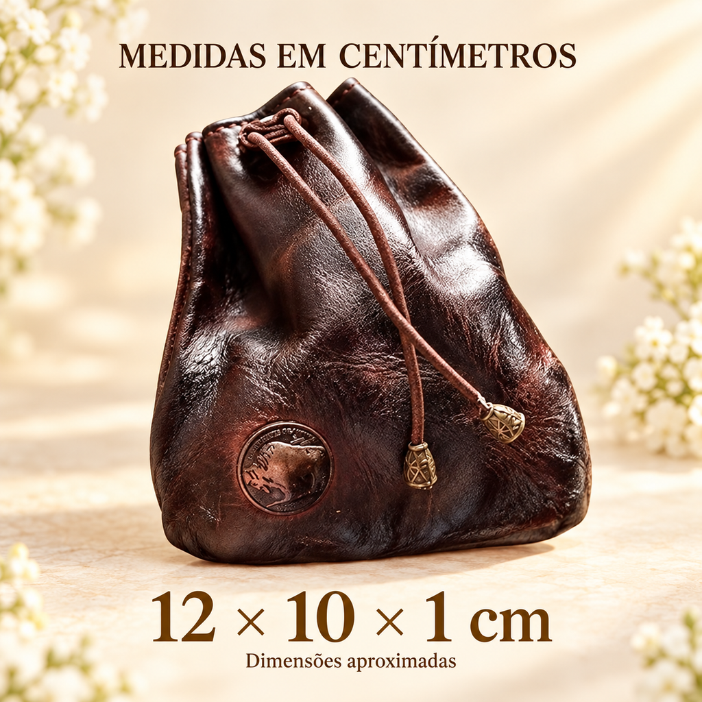 Porta-moedas retrô com cordão — dimensões aproximadas de 12 × 10 × 1 cm.